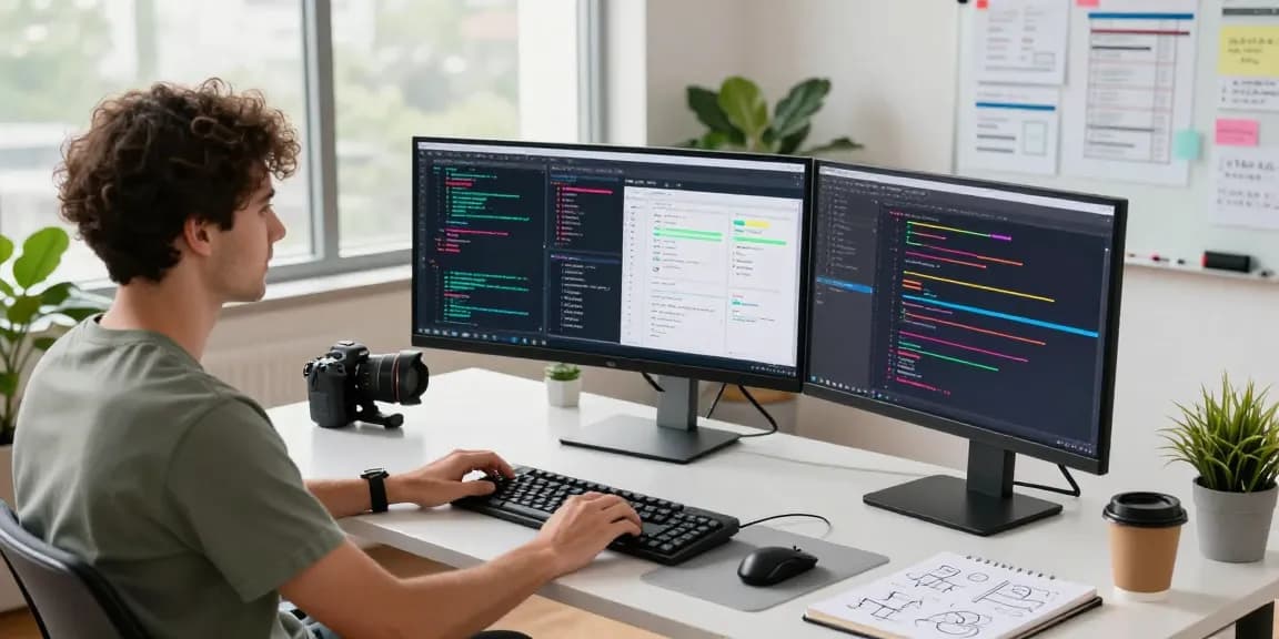 Build internal tools with AI in a vibrant tech workspace showcasing coding, collaboration, and innovation.