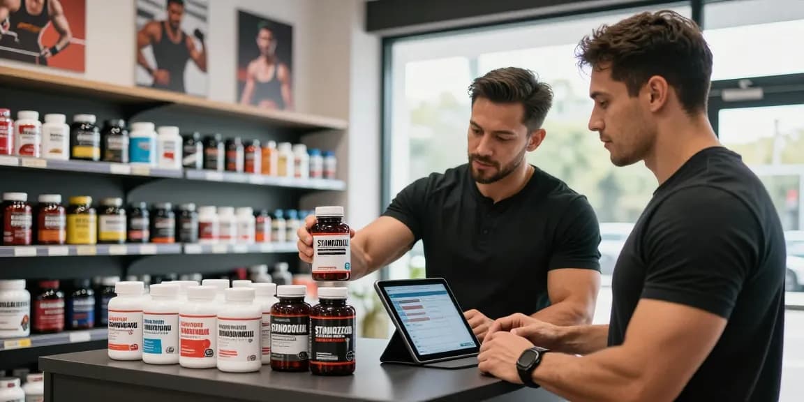 Customer exploring anabolic steroids at Anabolika Shop with expert guidance in a bright, modern fitness store.