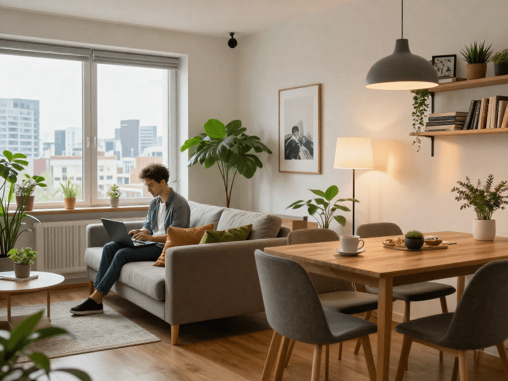 Moderne Einrichtung einer Monteurwohnung Hannover mit gemütlichem Wohnbereich, Schreibtisch und Stadtblick.