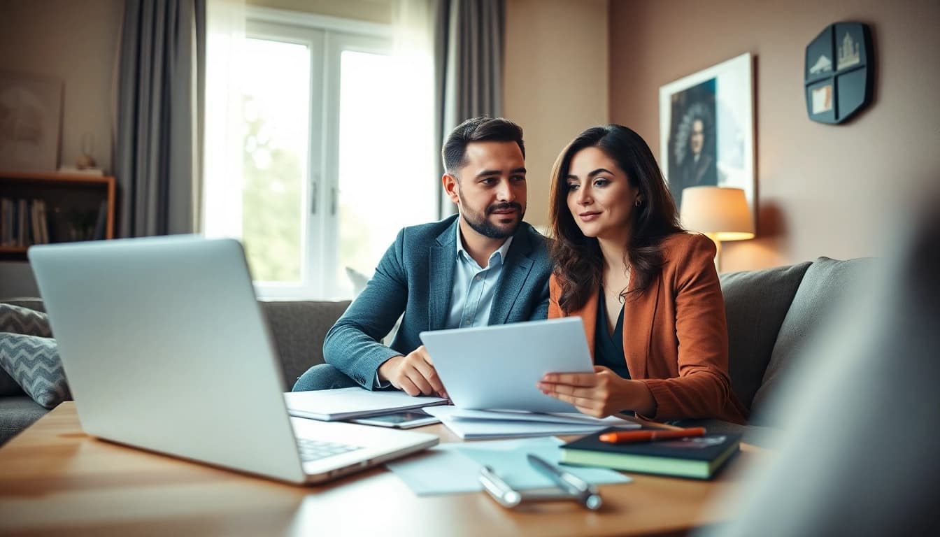 Hausverkauf bei Scheidung: Couple discussing sale options in a bright living room.