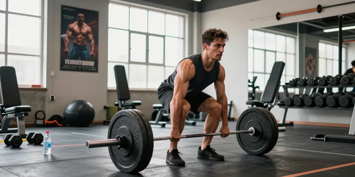 Das ultimative Fitness-Workout im Anabolika Shop Deutschland mit einem Bodybuilder, der Gewichte in einem hellen Fitnessstudio hebt.