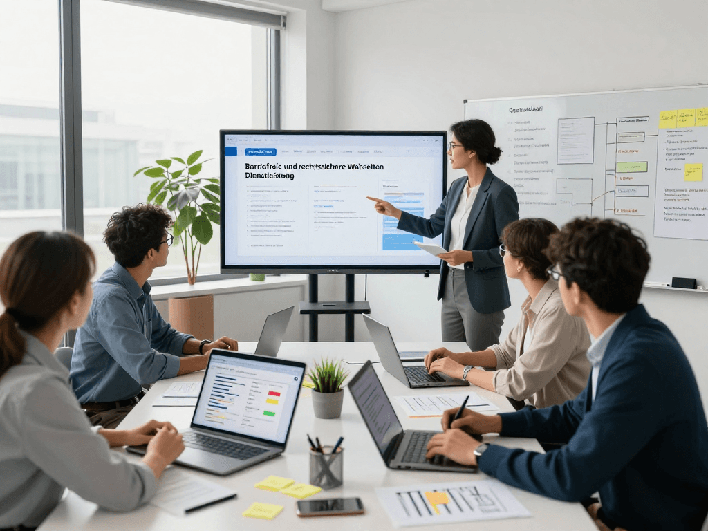Team collaboration on Barrierefreie und rechtssichere Webseiten Dienstleistung, presenting digital accessibility metrics in a modern office.