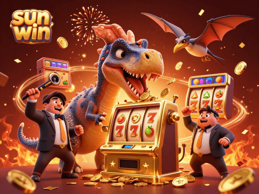 Experience the thrill of winning at sun win with playful dinosaurs celebrating jackpot payouts.