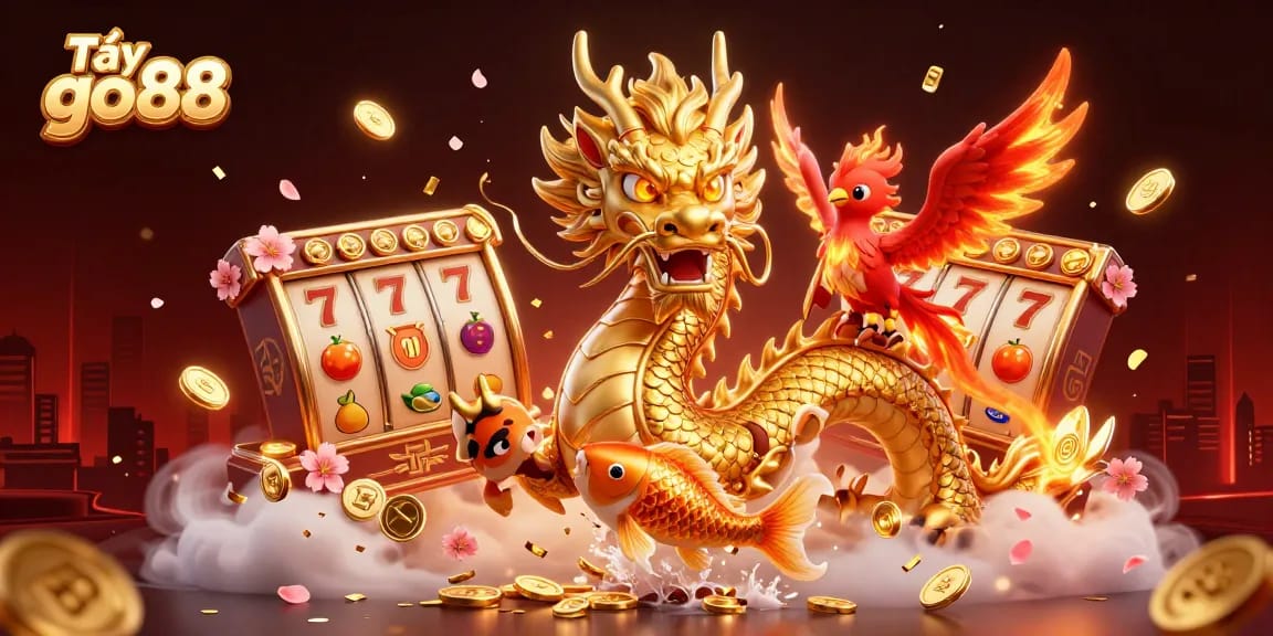 Experience the thrill of Tải go88 with a golden dragon, phoenix, and koi fish in a vibrant casino atmosphere.
