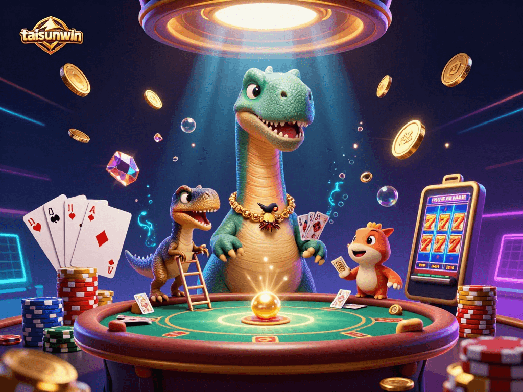 Experience thrilling wins with taisunwin as a brontosaurus and raptor engage in lively poker.