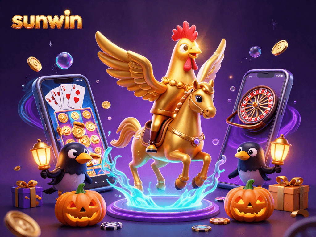 Experience sunwin excitement with a golden rooster in a vibrant casino scene filled with thrilling games.
