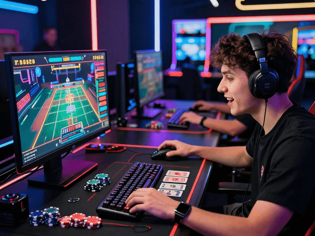 Experience the excitement of vin88.com with a player engaged in a thrilling online casino game at a modern gaming setup.