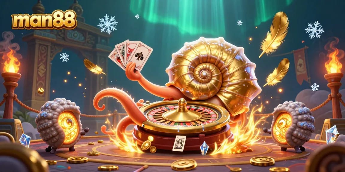 man88 showcases a vibrant casino scene with a giant nautilus roulette wheel and glowing ammonite fossils.