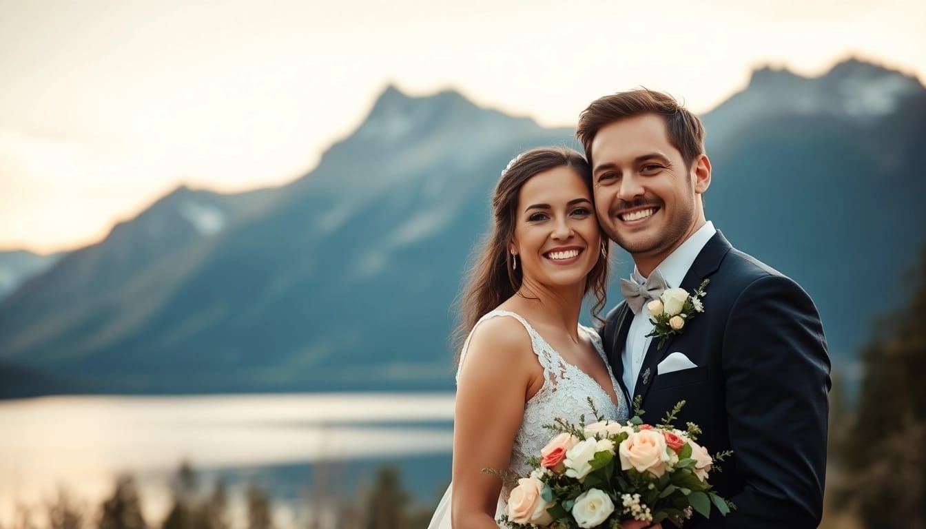 Hochzeitsfotograf Schliersee erfasst ein glückliches Brautpaar in den Alpen mit romantischem Hintergrund.