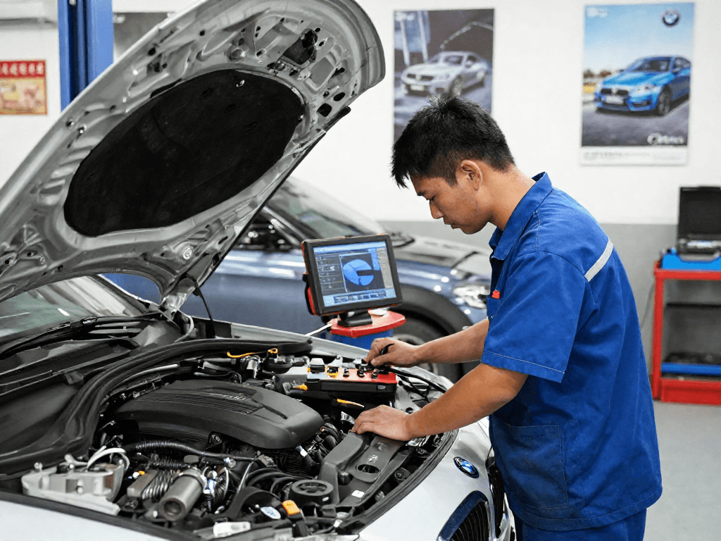 BMW Werkstatt Hannover: Mechaniker inspiziert BMW-Motor in professioneller Umgebung