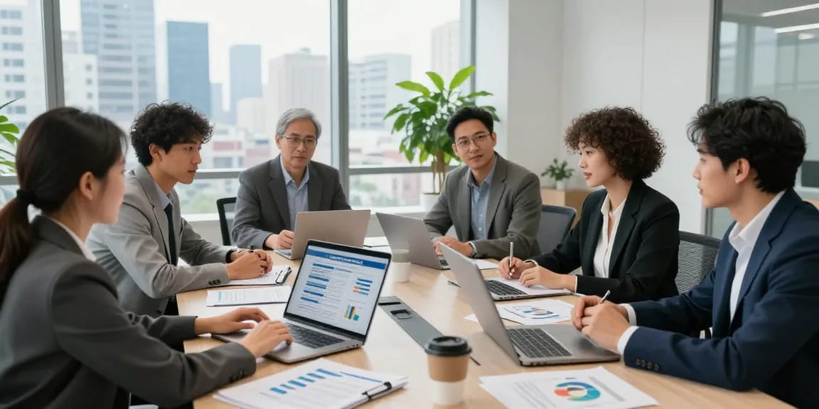 Team analyzing jv funding program metrics in modern office meeting