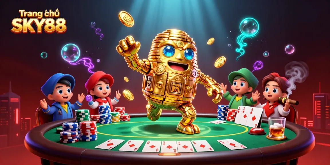 Engage with exciting gameplay at Trang chủ SKY88 featuring a golden golem surrounded by poker elements.