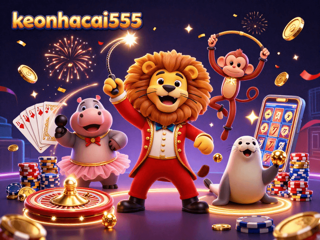 Engage in thrilling action with keonhacai555 featuring fantastic circus characters and a lively casino scene.