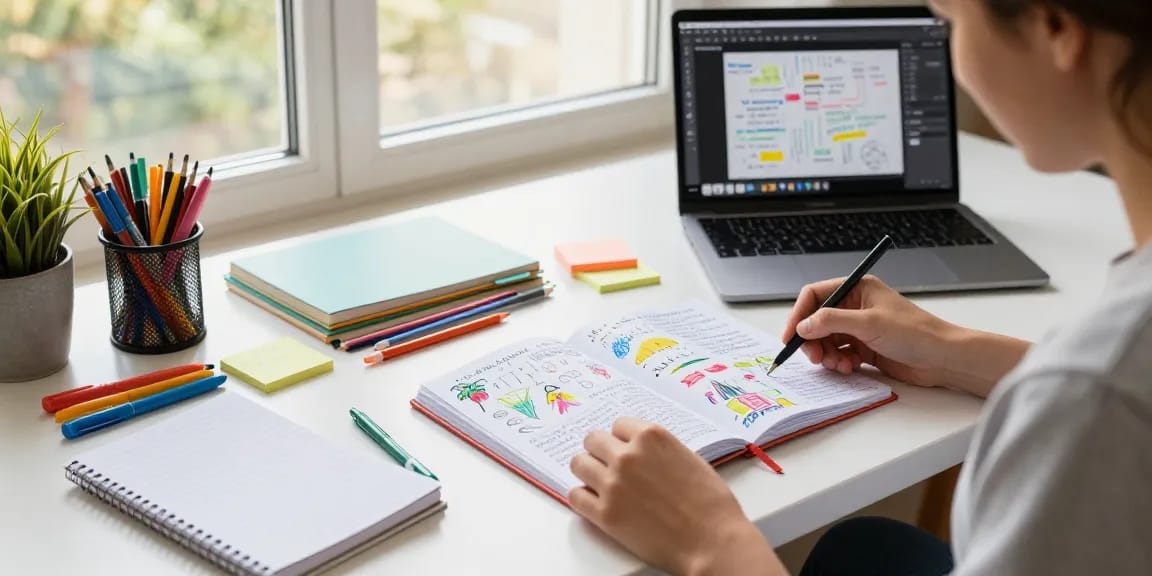 Custom printed notebooks displayed on a vibrant workspace with colorful stationery, inspiring creativity and design.