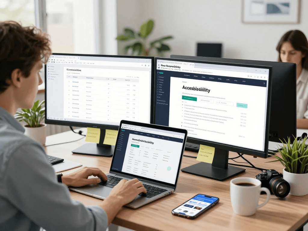 Barrierefreie und rechtssichere Webseiten Dienstleistung: Entwickler prüft Webdesign auf Barrierefreiheit nach WCAG-Richtlinien.