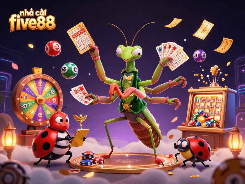 Experience the excitement of nhà cái five88 with vibrant 3D casino elements in a bustling gaming scene.