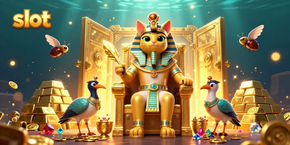 Spin the reels and win big in this vibrant slot-themed casino illustration featuring a pharaoh cat.