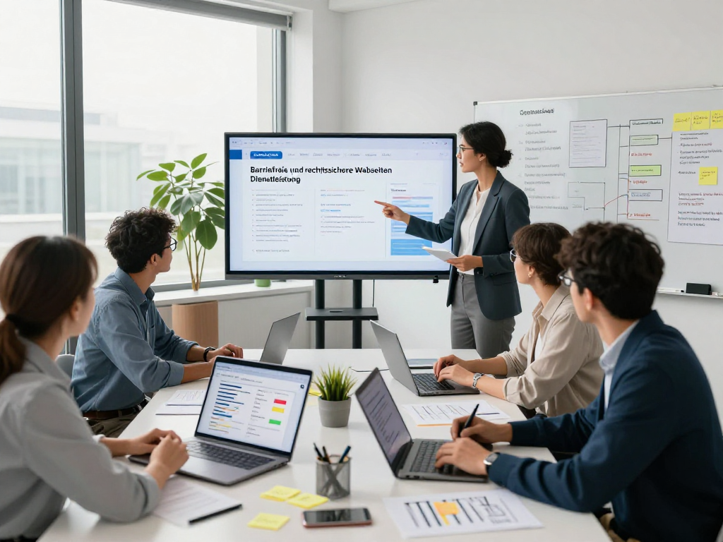 Team collaboration on Barrierefreie und rechtssichere Webseiten Dienstleistung, presenting digital accessibility metrics in a modern office.