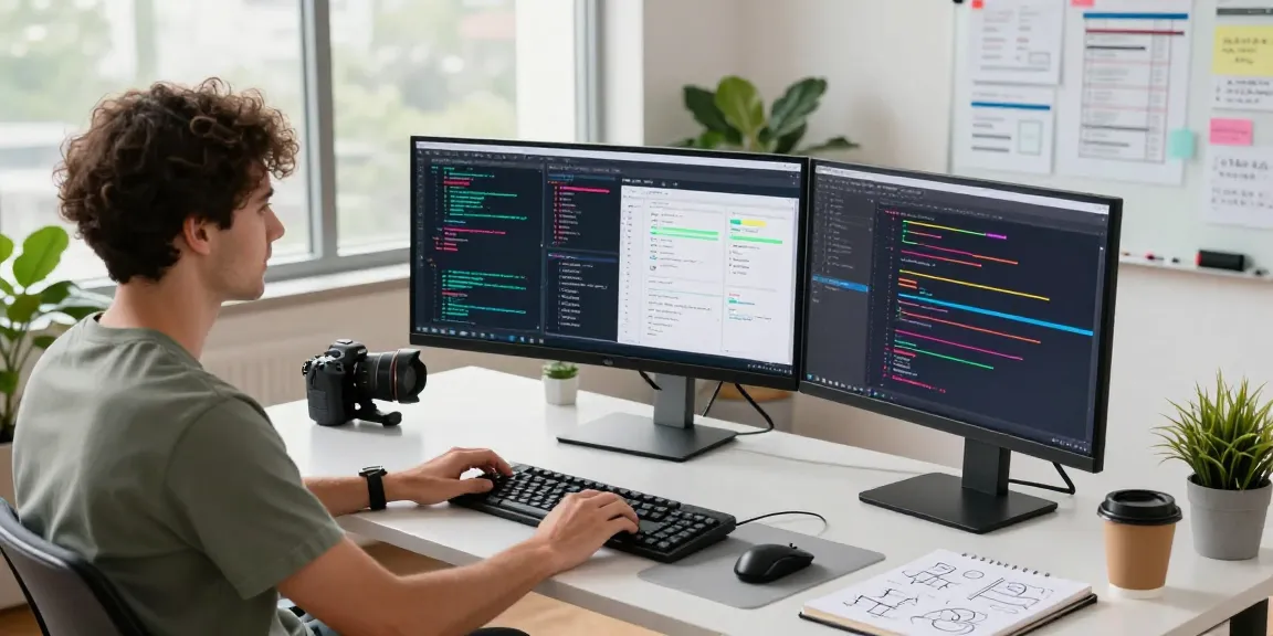 Build internal tools with AI in a vibrant tech workspace showcasing coding, collaboration, and innovation.