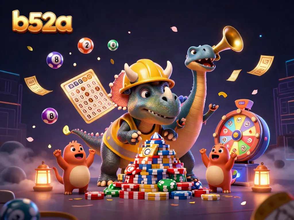 B52a showcases a cartoon dinosaur-themed casino scene with vibrant lottery elements and dynamic celebrations.