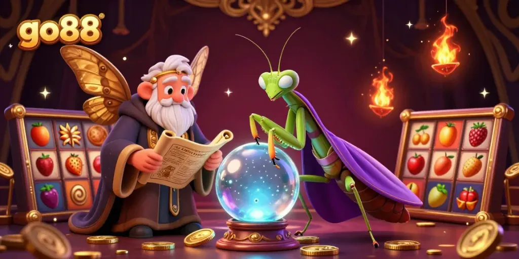 Engage with go88's thrilling slots experience featuring a mystical fortune teller and lively casino elements.
