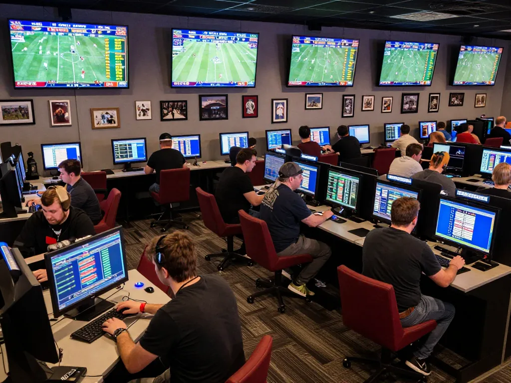 Soi keo nha cai with excited sports fans engaged in betting activities at a lively lounge