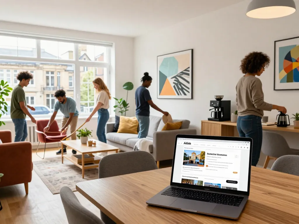 A vibrant urban Bristol scene with people preparing an Airbnb rental, showcasing professional airbnb management bristol amidst lively decor and city views.
