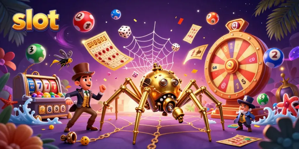 Engaging illustration of a steampunk golden spider and Victorian fly gentleman among colorful slot-themed elements.