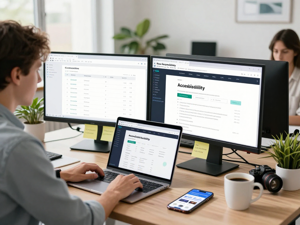 Barrierefreie und rechtssichere Webseiten Dienstleistung: Entwickler prüft Webdesign auf Barrierefreiheit nach WCAG-Richtlinien.