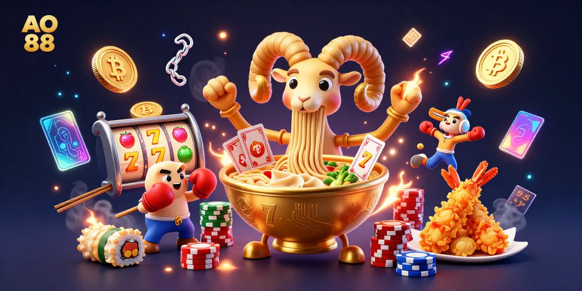 Experience the excitement at AO 88 with a vibrant 3D illustration of a golden ramen bowl and dynamic gaming elements.
