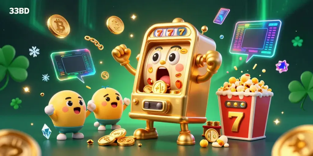 Experience the excitement of 33BD with a cartoon golden slot machine hitting its jackpot and celebrating.