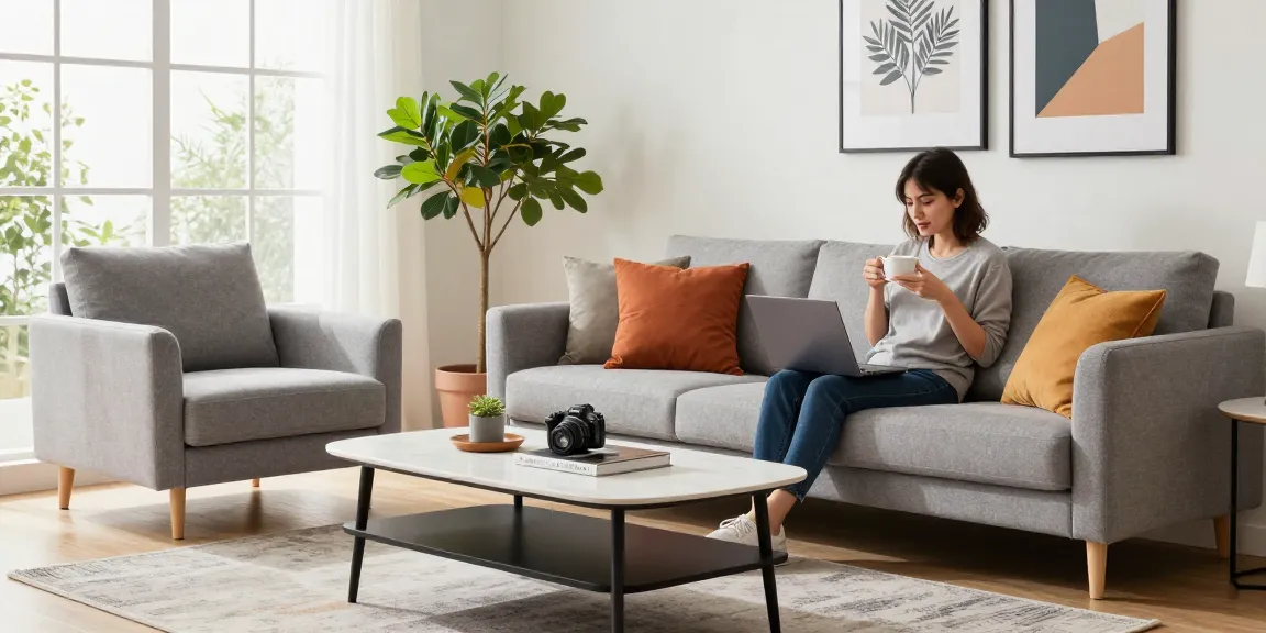 Gemütliches Interieur mit stilvollen Möbeln für Möbel Deutschland online kaufen, mit einem grauen Sofa und einer natürlichen Lichtatmosphäre.