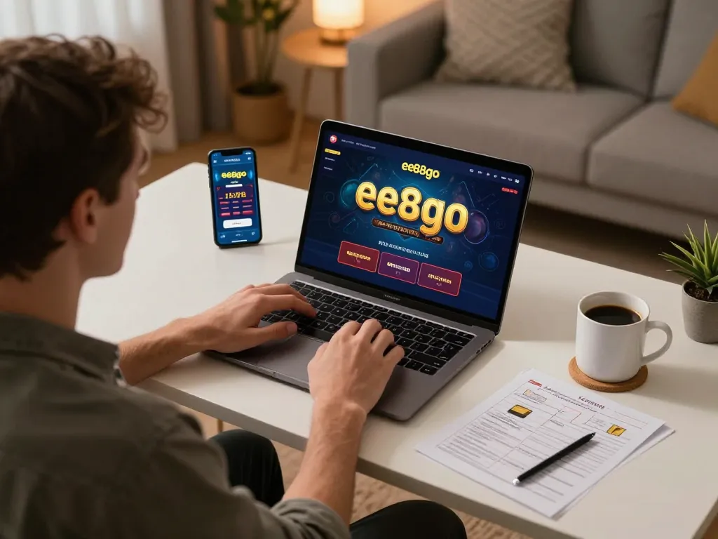 Player engaging with ee88go platform on laptop, showcasing a strategic online casino setup in a cozy home environment.