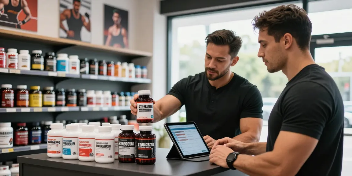 Customer exploring anabolic steroids at Anabolika Shop with expert guidance in a bright, modern fitness store.