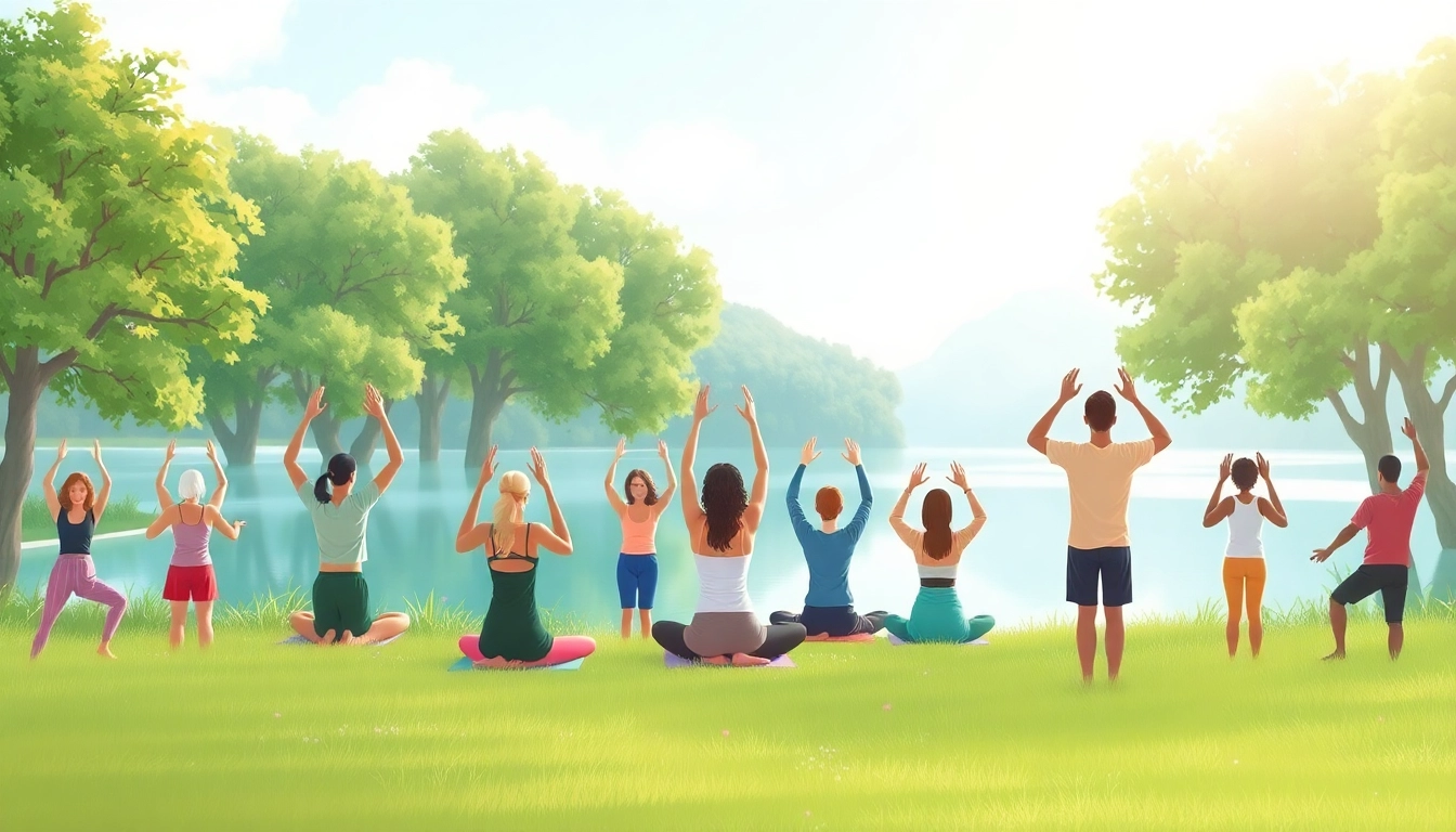 Meditation gathering promoting mental health awareness in a tranquil setting.