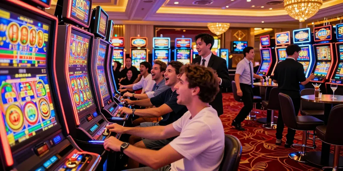 Exciting casino scene featuring slot88 machines and happy players engaged in thrilling gameplay.