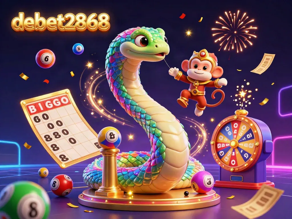 Experience the excitement of debet2868 with a vibrant 3D casino illustration featuring a rainbow serpent and a monkey king.