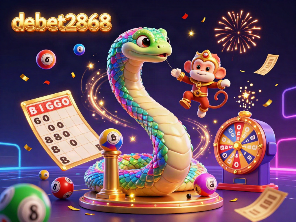Experience the excitement of debet2868 with a vibrant 3D casino illustration featuring a rainbow serpent and a monkey king.