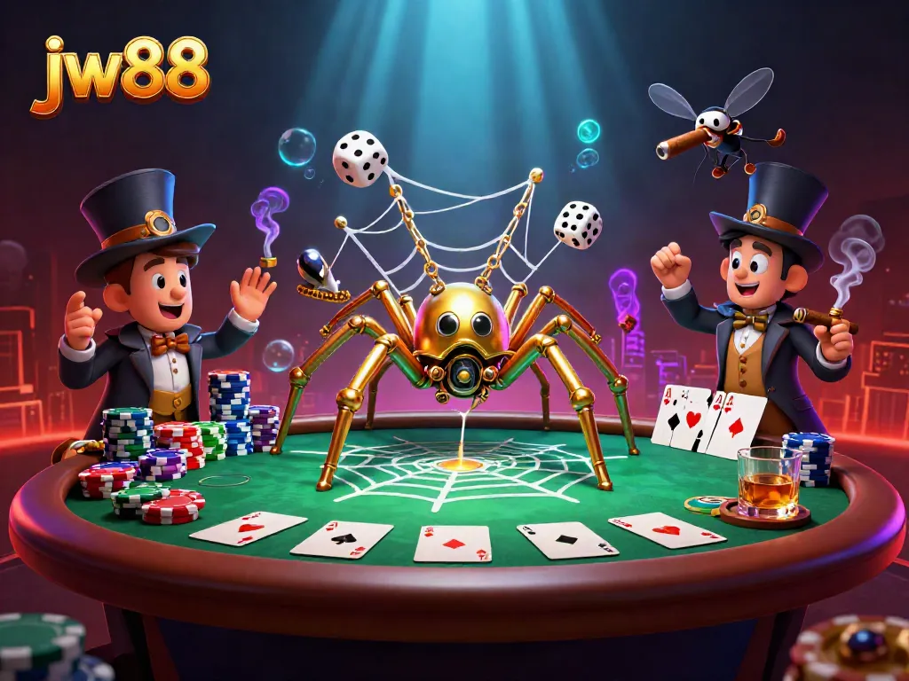 Experience thrilling moments with jw88 as a steampunk spider weaves its golden web in an exciting poker scene.
