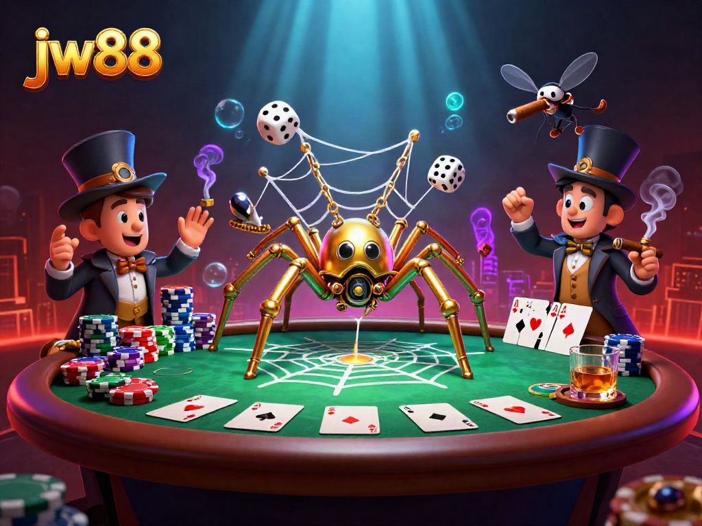 Experience thrilling moments with jw88 as a steampunk spider weaves its golden web in an exciting poker scene.