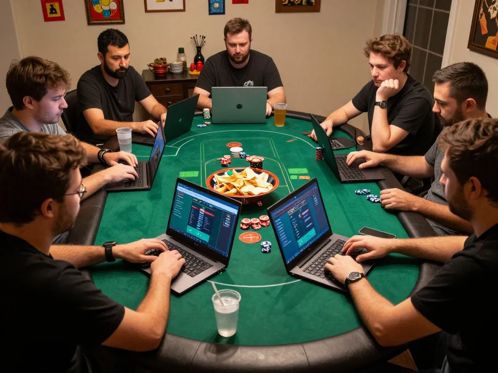 lc88 players strategizing in an online poker tournament, captured in a cozy home setting