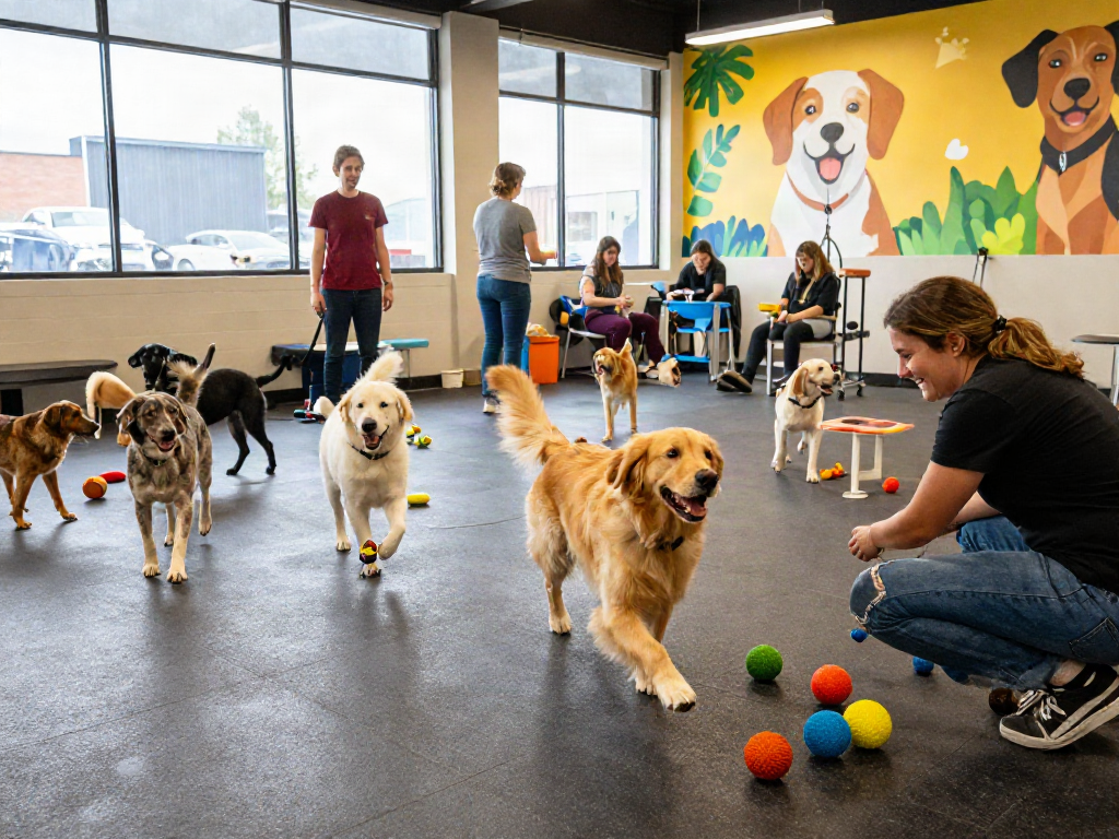 Dog daycare with energetic dogs playing and trainers engaging, featuring deposit 10k fun atmosphere of joy.