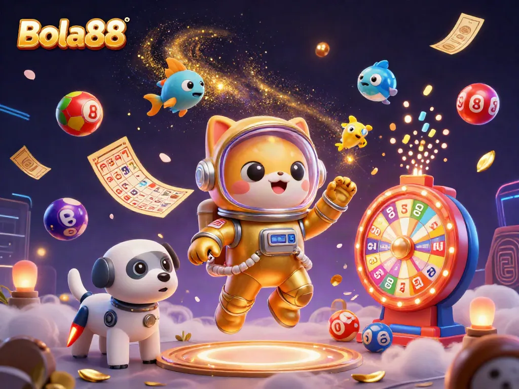 Bola88 engaging players with vibrant lottery elements and a whimsical space theme in a dynamic casino scene.