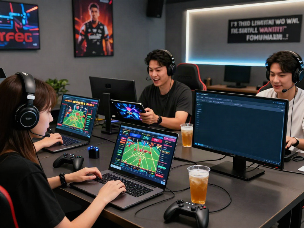 Engaged gamers using digital devices on https://sky88tg.com/ platform, showcasing an energetic online gaming atmosphere.