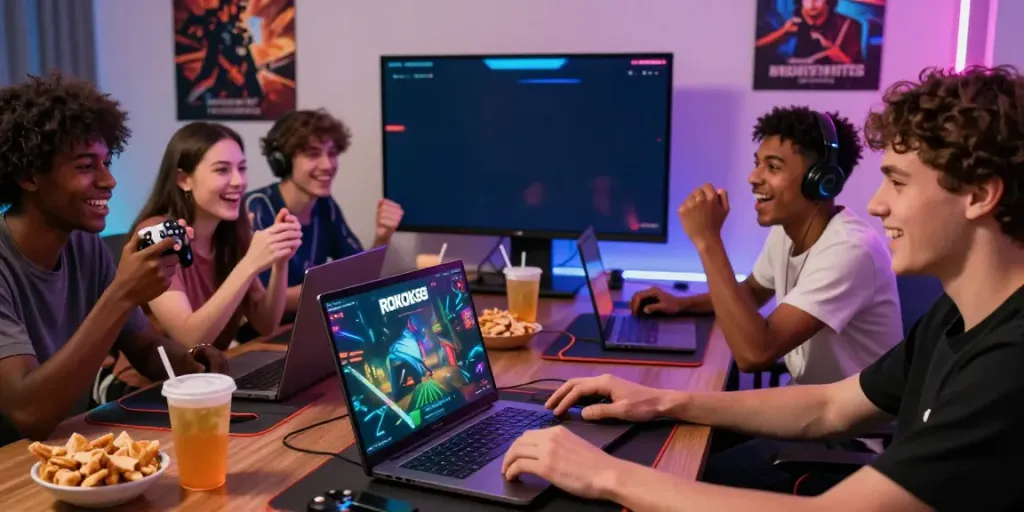 ROKOK88 login screen surrounded by friends enjoying online gaming sessions together.
