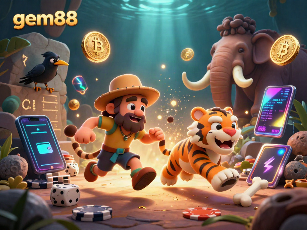 Join the excitement at gem88 with a cartoon caveman and sabertooth tiger duo running a prehistoric casino.