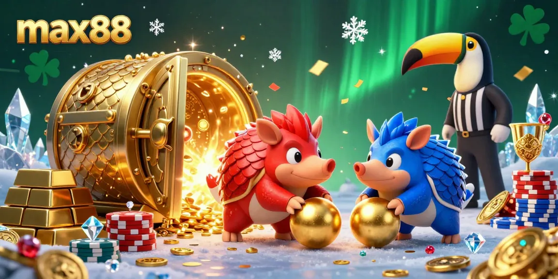 Compete in max88's lively casino scene with pangolins bowling through poker chips and a toucan referee, embracing festive golden confetti.