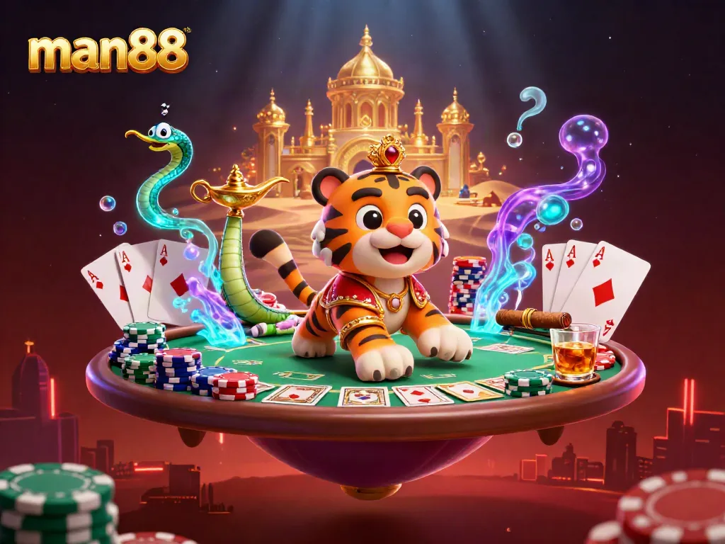 Experience the thrilling world of man88 with a cartoon-tiger sultan, poker action, and vibrant casino elements.