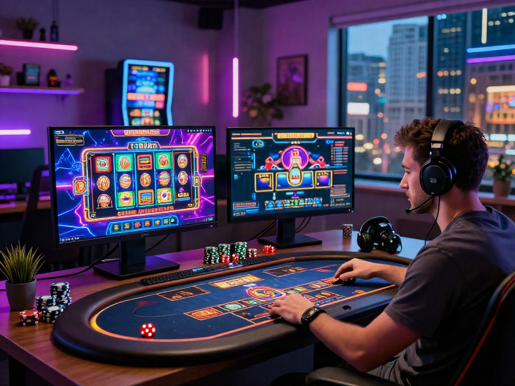 Engaged player enjoying rokok88 online casino experience with vibrant digital graphics.
