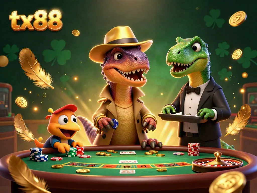 Experience the thrill of gambling at tx88 with a cartoon velociraptor card counter surrounded by a vibrant casino atmosphere.